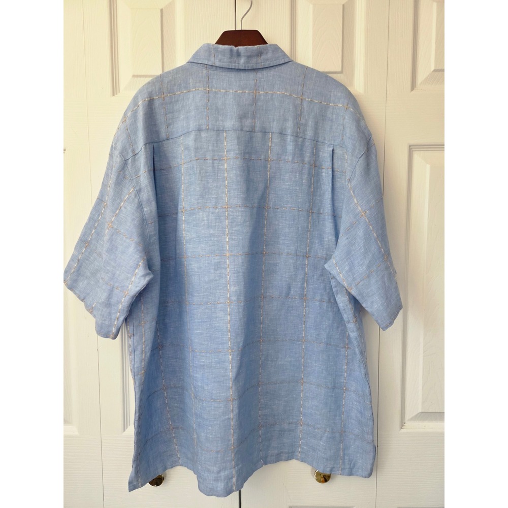 La Habana Linen Buttondown Shirt Short Sleeve‎ Mens XL Blue Grid Contrast Stitch - Picture 4 of 7